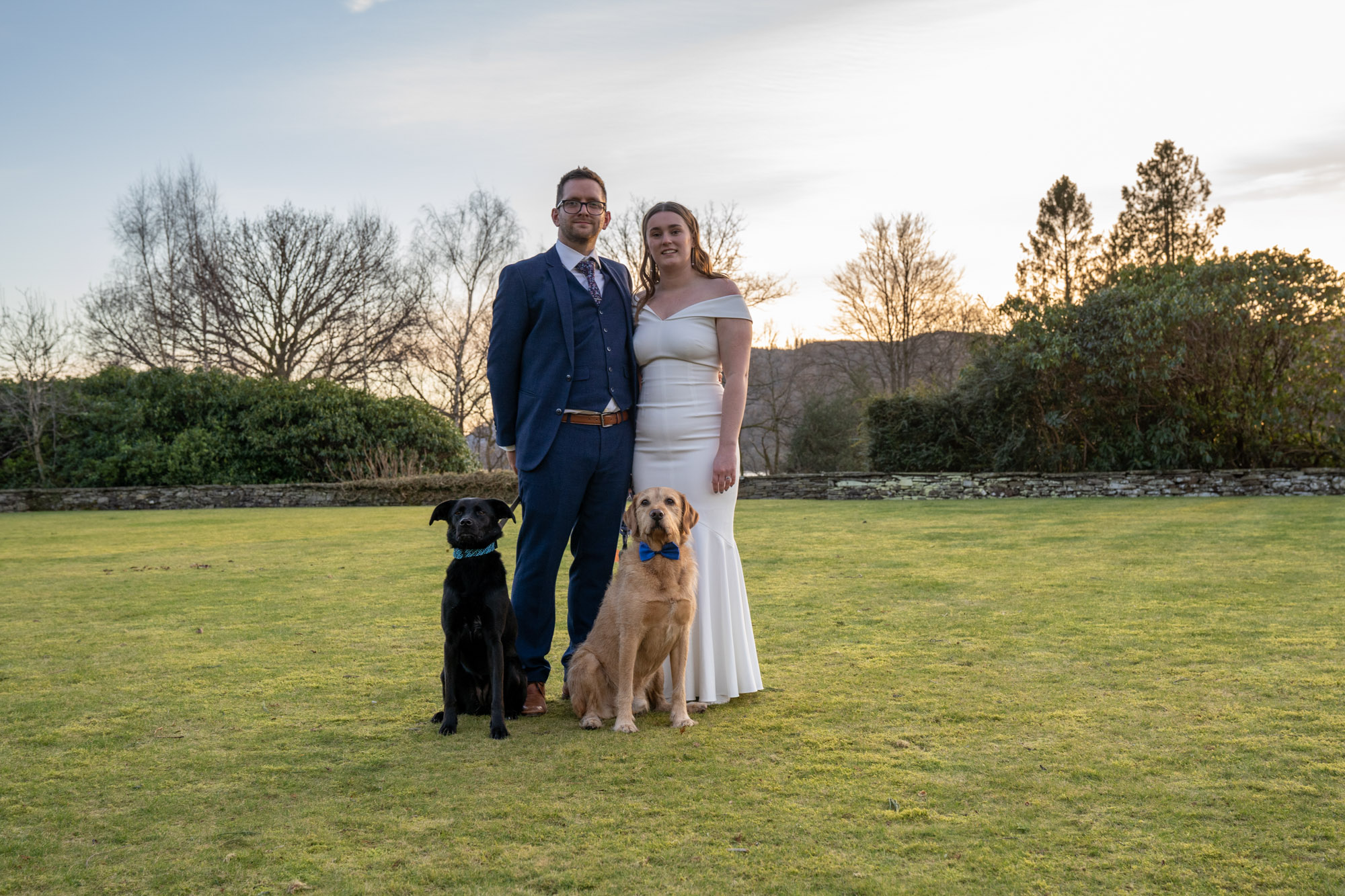 Bride and groom standing on the lawn at Crag Wood with two dogs, a black Labrador and a golden Labrador wearing a blue bow tie, at sunset