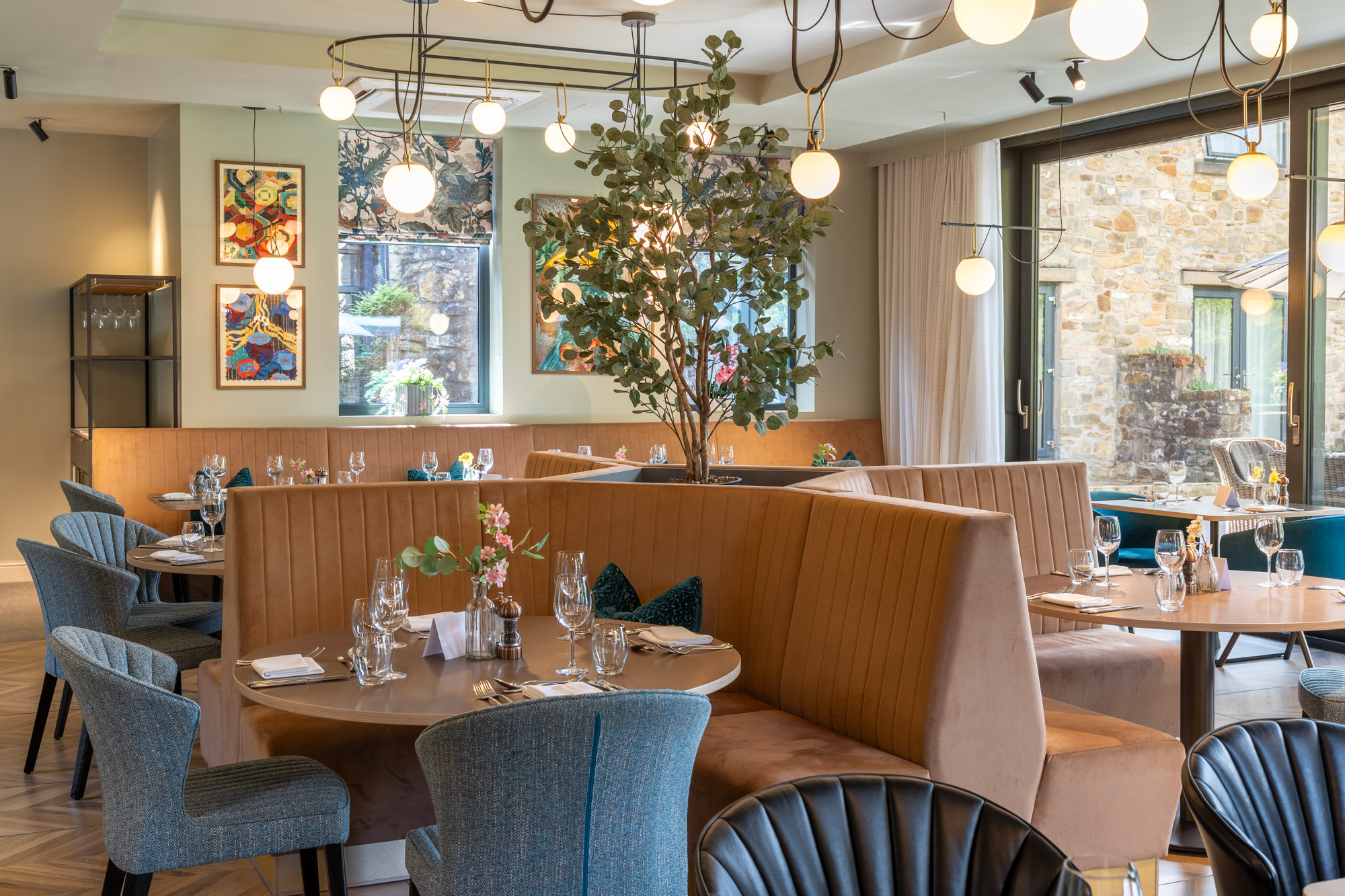Bright restaurant interior at Mytton Fold Hotel