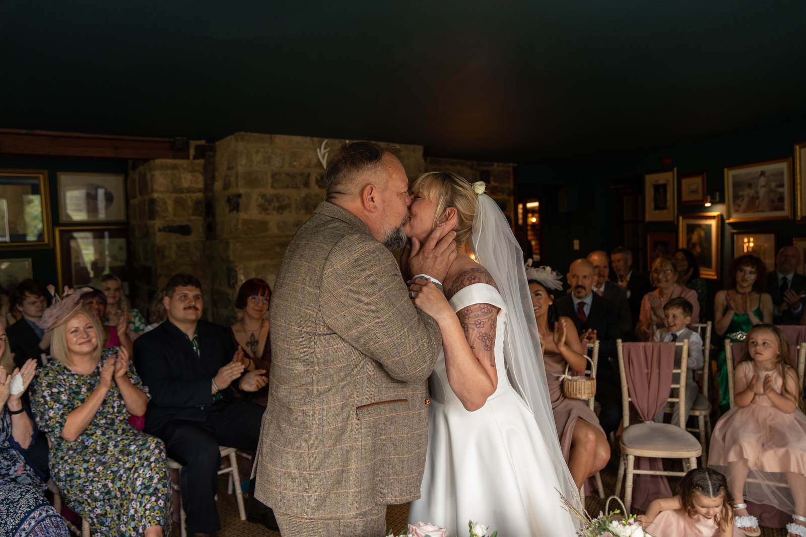 Chris and Mandy's first kiss as a married couple at Chevin Country House