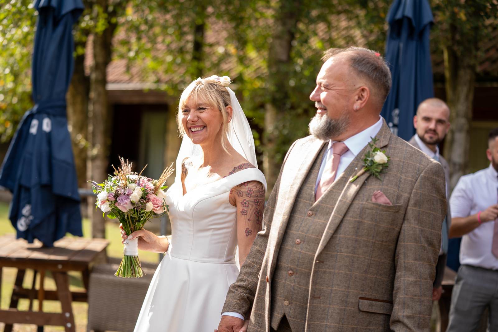 Chris and Mandy on the lakeside terrace at Chevin Country House, Otley